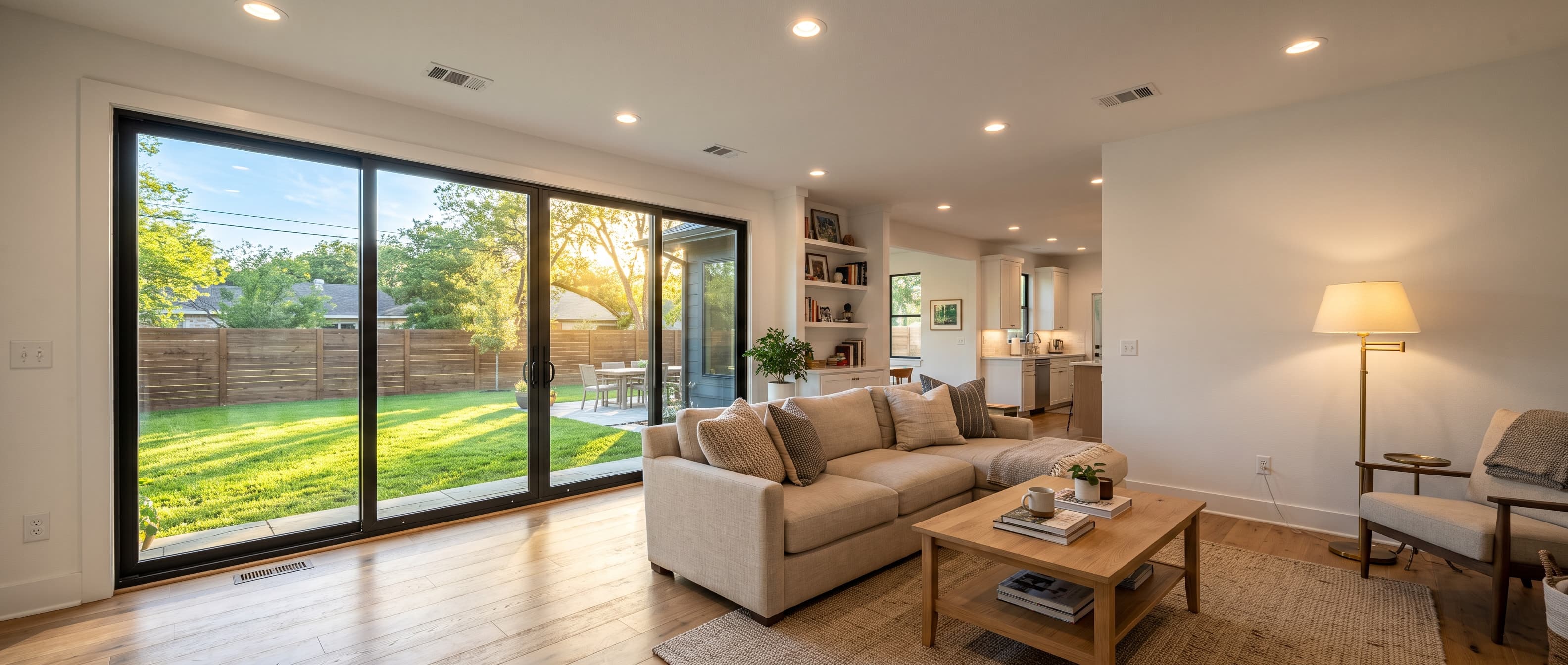 Warm modern living room in afternoon light